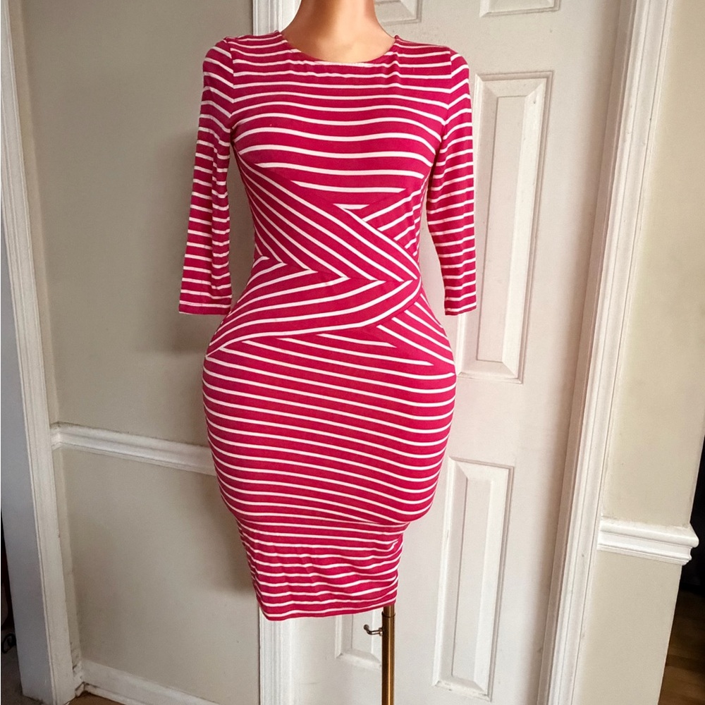 Fuchsia and White Striped Long-Sleeve Bodycon Dress